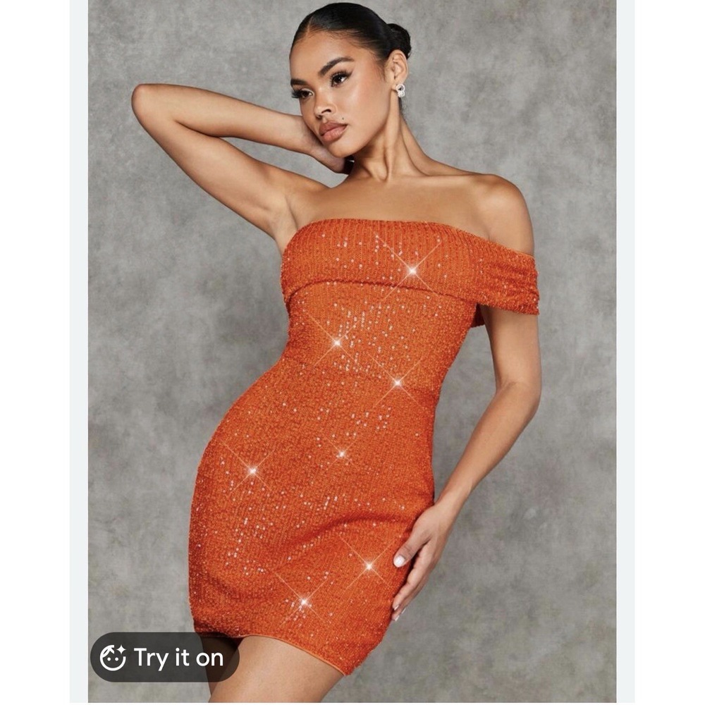 NEW Sequin Mini Cocktail Dress S 6‎ Strapless Orange Party Bodycon Evening Shein